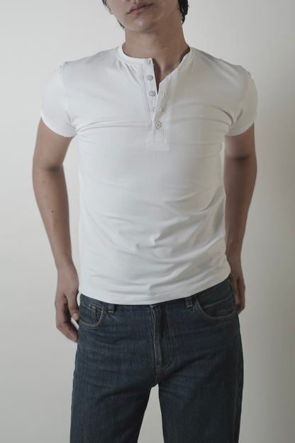 ETHEREAL SLIM CROPPED HALF SLEEVES HENLEY/ WHITE